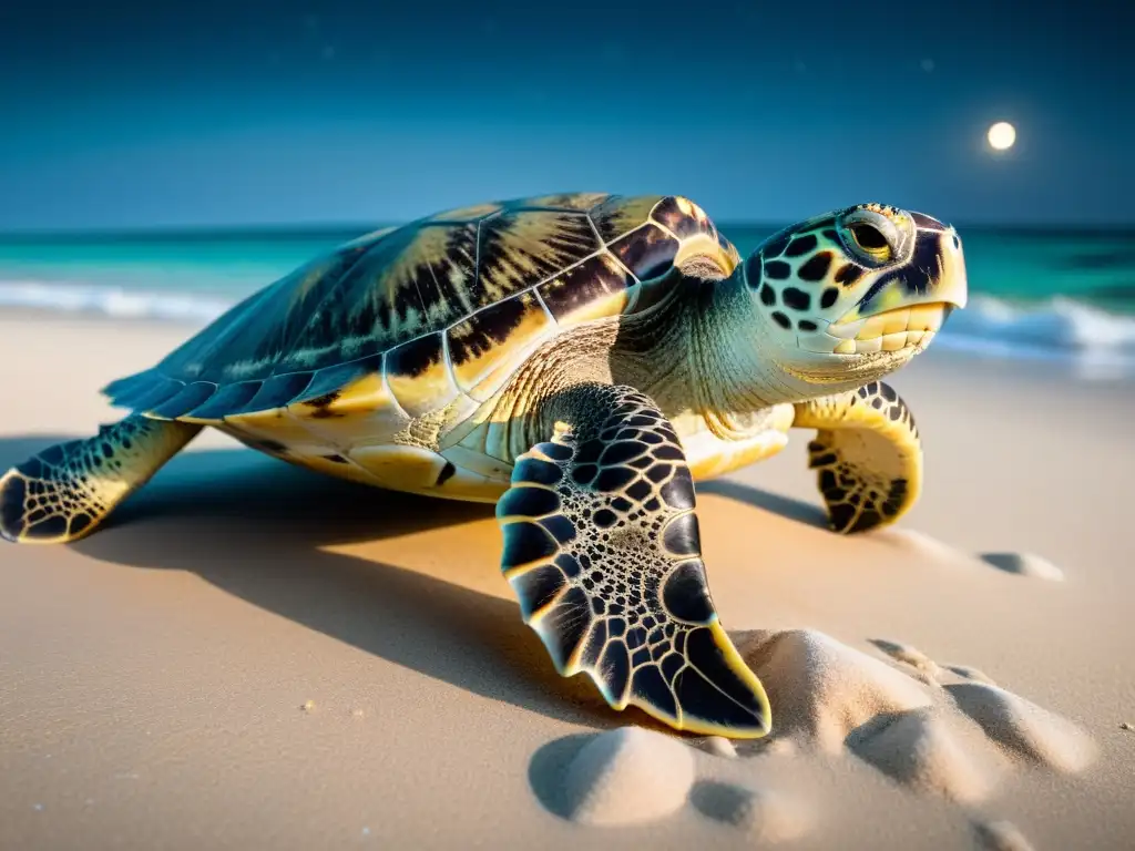 Una majestuosa tortuga marina emerge del océano de noche, iluminada por la luna, en su viaje a la playa para anidar