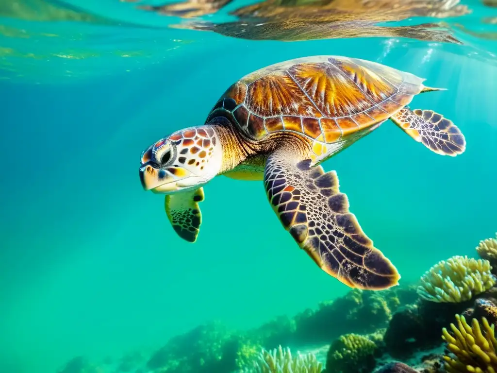 Una majestuosa tortuga marina verde nada con gracia entre aguas cristalinas, rodeada de vida marina y un arrecife de coral