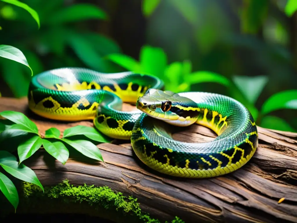 Un majestuoso anaconda verde se desliza entre la exuberante selva sudamericana, como en las leyendas de reptiles en Sudamérica