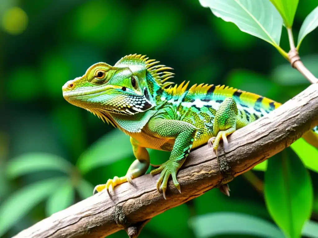 Un majestuoso basilisco verde reposa en una rama entre exuberante follaje