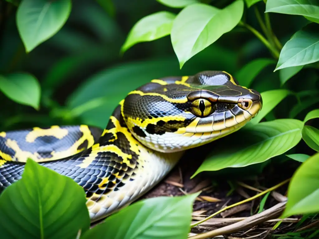 Un majestuoso pitón birmano se desliza entre exuberante vegetación en el Parque Nacional de los Everglades