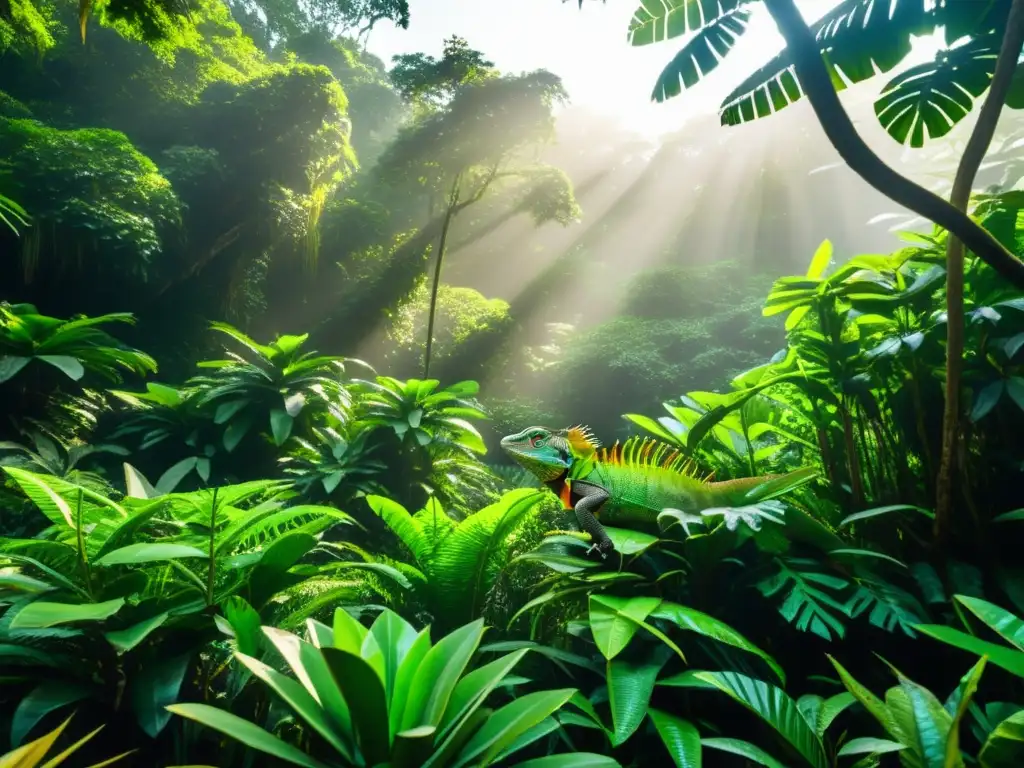 Majestuoso bosque tropical con iguana invasora y científicos preocupados por problemas ambientales de mascotas exóticas iguanas