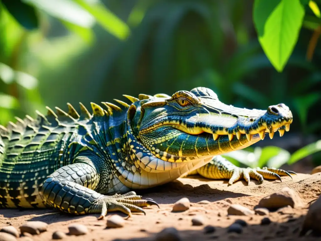 Un majestuoso cocodrilo del Nilo en un ecosistema no nativo, rodeado de exuberante vegetación y vida silvestre, mostrando su adaptación