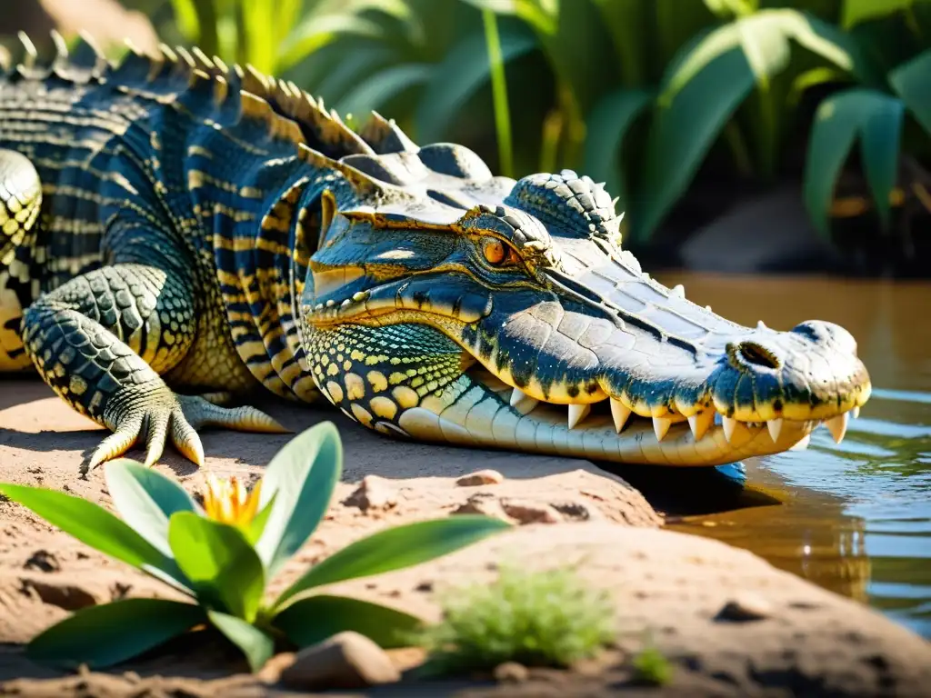 Un majestuoso cocodrilo del Nilo se relaja en su hábitat no nativo, mostrando su piel y poderosas mandíbulas, mientras el sol resalta sus escamas en un ecosistema diverso