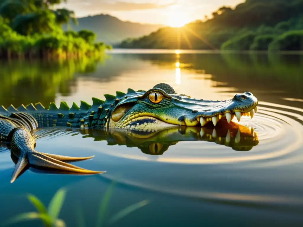 Un majestuoso cocodrilo del Orinoco se sumerge parcialmente en el río, mientras la luz dorada del sol ilumina la exuberante selva amazónica