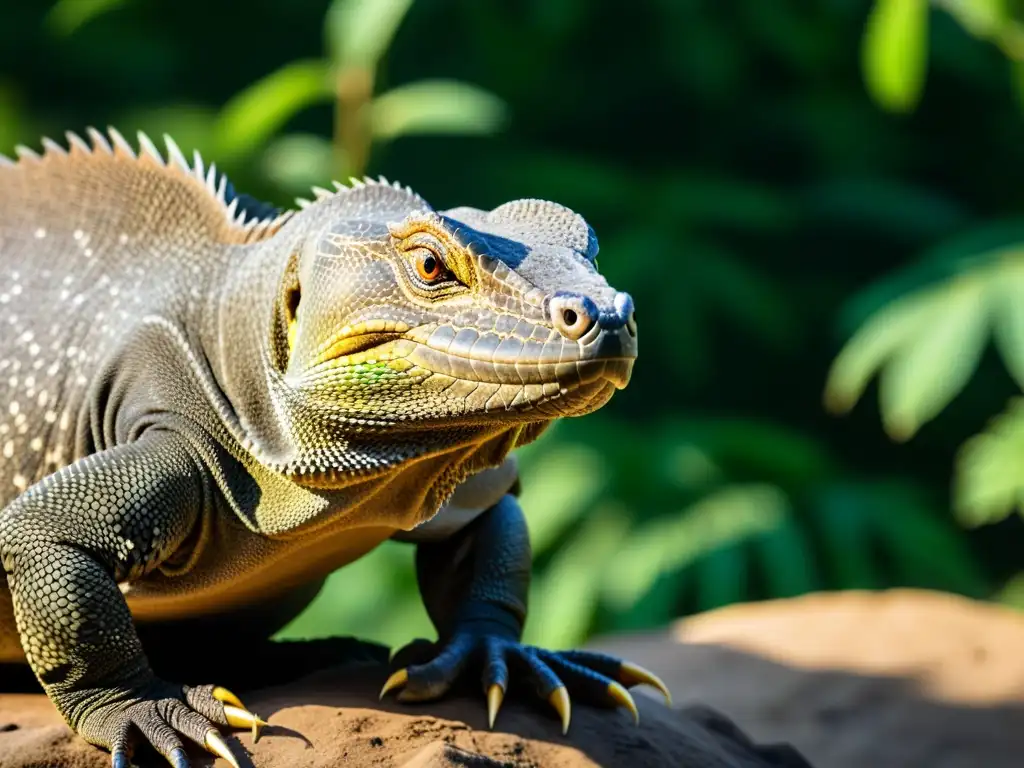 Un majestuoso dragón de Komodo en su hábitat natural, con patrones y texturas detalladas en su piel escamosa