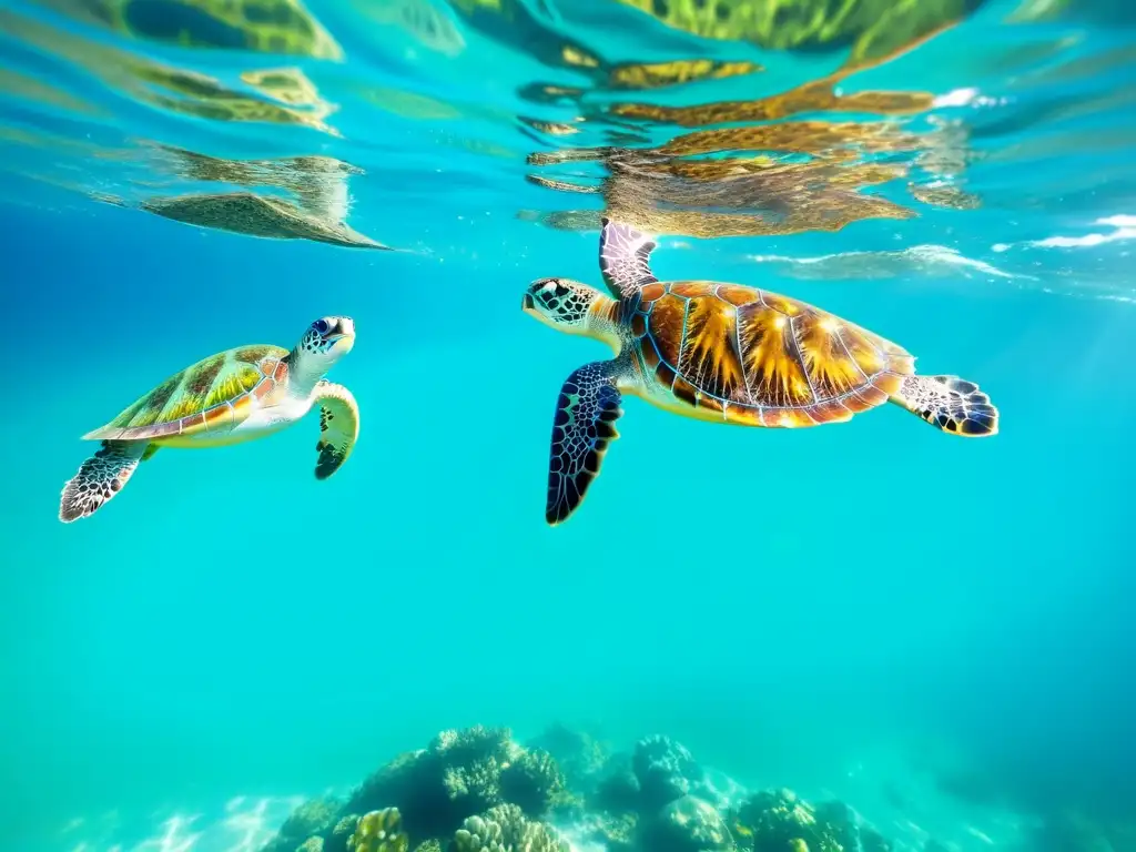 Un majestuoso grupo de tortugas marinas verdes nada con determinación entre peces y corales en aguas turquesas