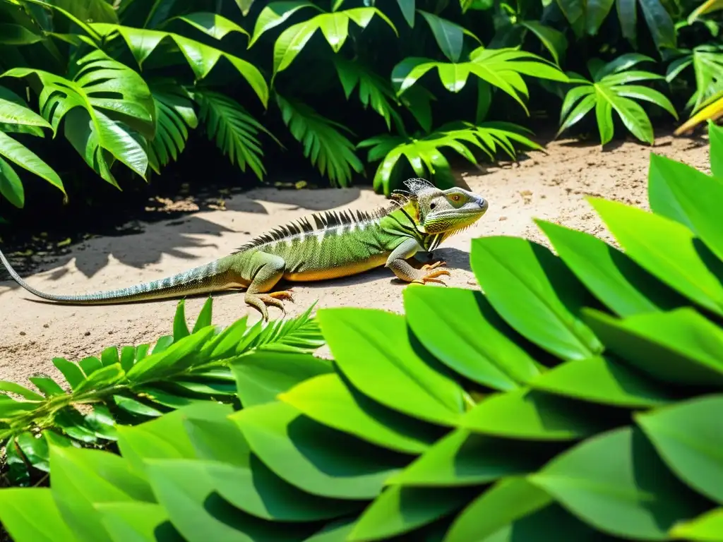 Majestuoso paisaje tropical invadido por iguanas, destacando la exuberante vegetación