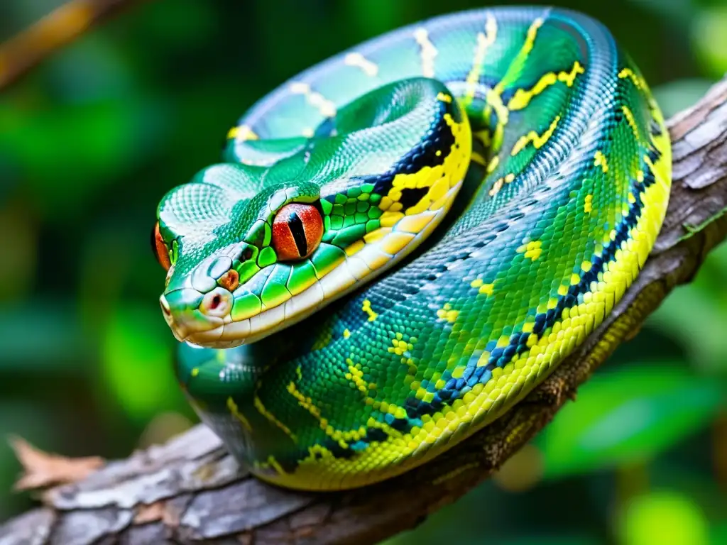 Un majestuoso pitón arbóreo verde serpentea en su hábitat natural, entre la exuberante vegetación de la selva