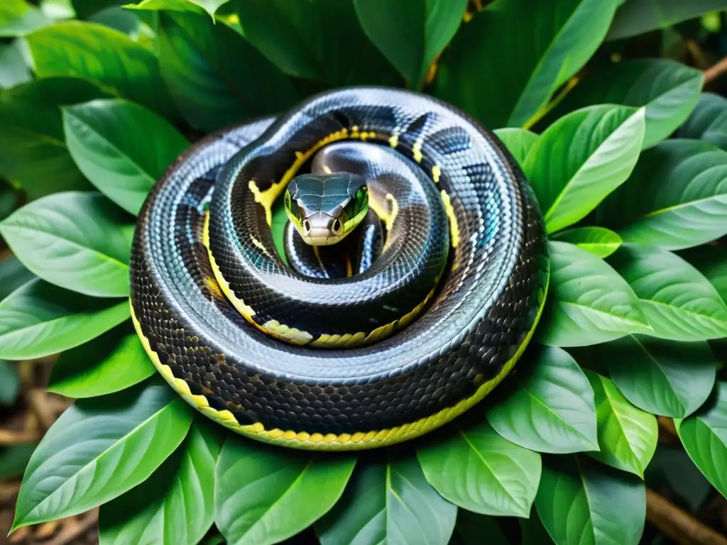 Un majestuoso Cobra Real mitología hindú posado sobre hojas verdes, deslumbrantes escamas iridiscentes bajo la luz del bosque