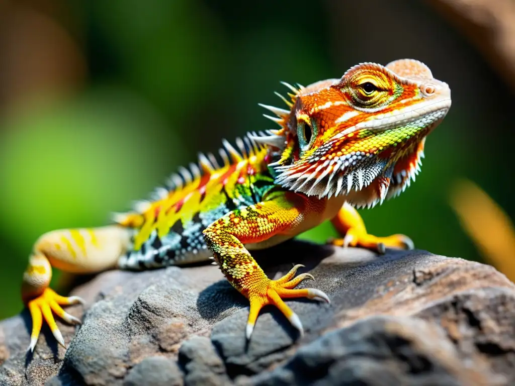 Un majestuoso dragón barbudo en primer plano, con sus escamas multicolores y textura única claramente visibles