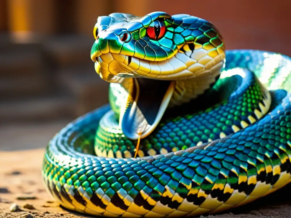 Un majestuoso Cobra Real en un templo hindú, sus escamas iridiscentes captan la luz del sol