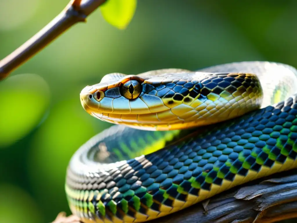 Un majestuoso reptil enredado en una rama, con sus escamas brillando al sol