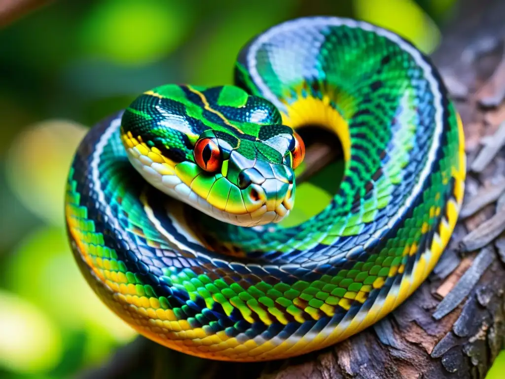 Un majestuoso reptil enroscado alrededor de una rama, mostrando sus escamas coloridas