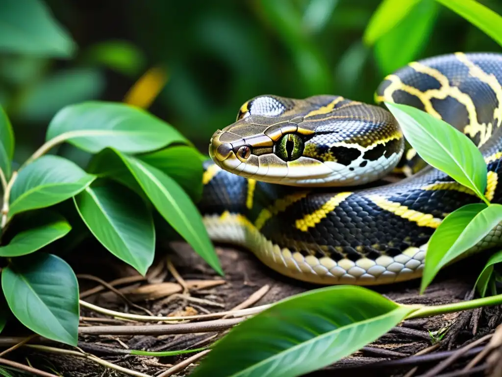 Un majestuoso reptil exótico se desliza entre la exuberante vegetación de una remota isla, evidenciando el impacto ecológico de los reptiles exóticos en las islas