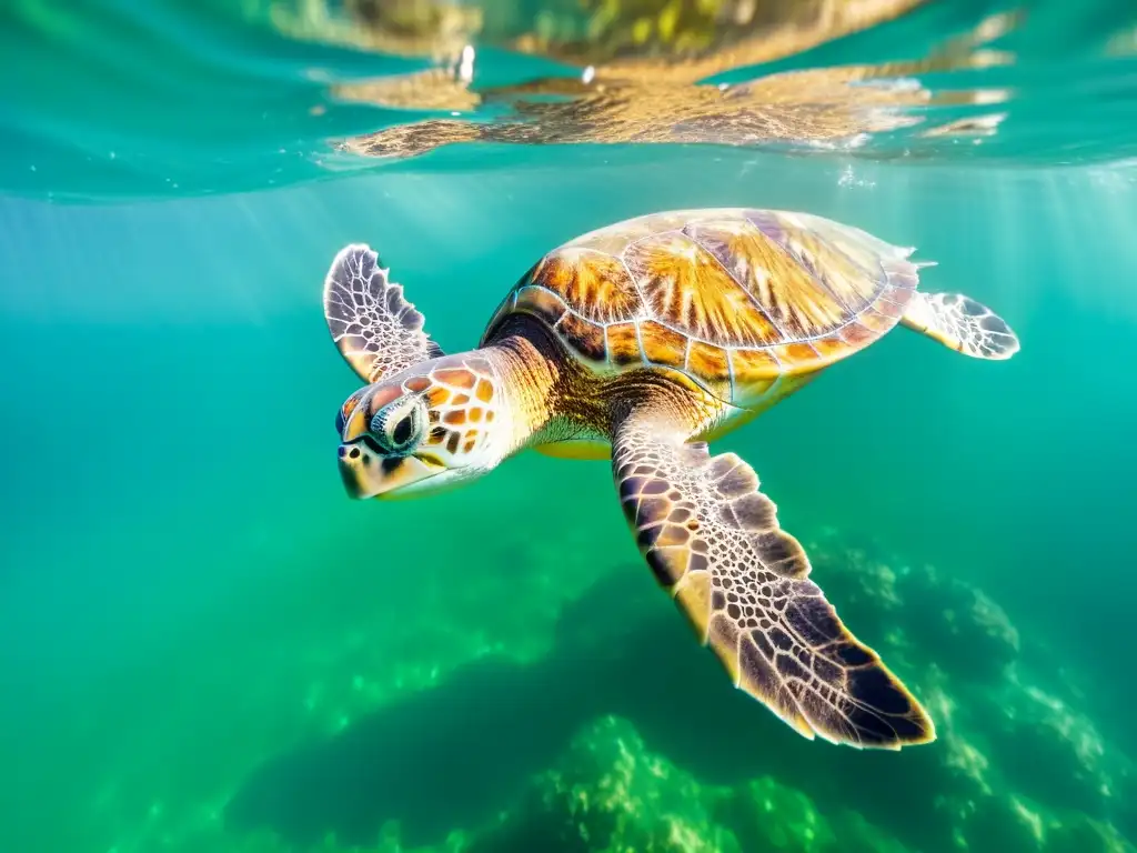 Un majestuoso reptil marino, la tortuga verde, nada graciosamente en aguas cristalinas, con la luz del sol acariciando su caparazón