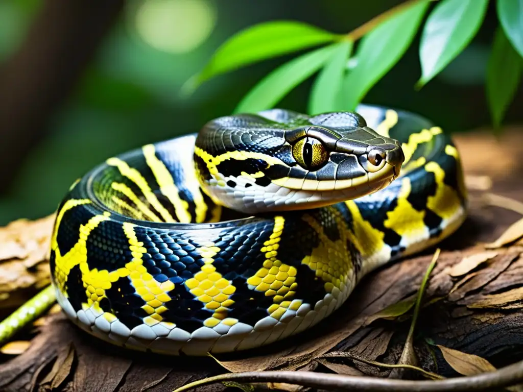 Un majestuoso reptil no nativo, como una pitón birmana, serpentea entre un exuberante bosque, iluminado por el sol