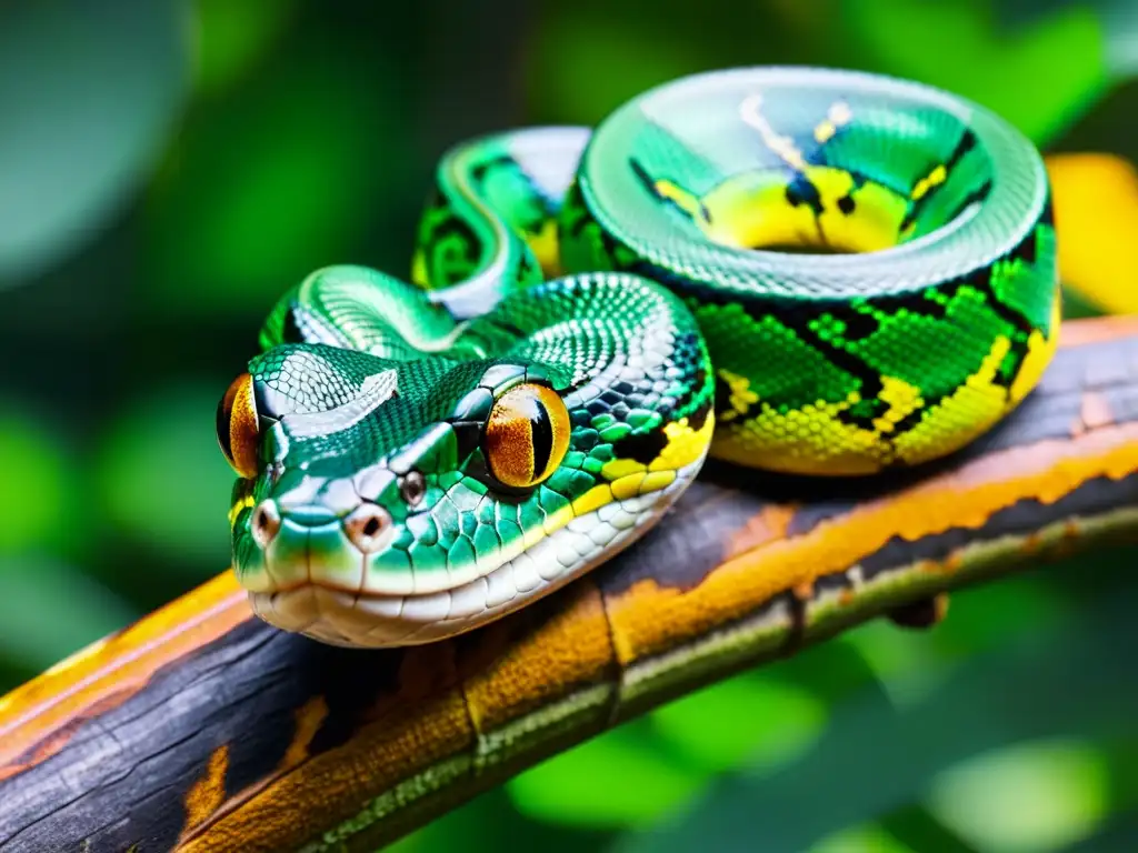 Un majestuoso reptil, la boa esmeralda, se enrosca alrededor de una rama con sus escamas vibrantes y ojos amarillos