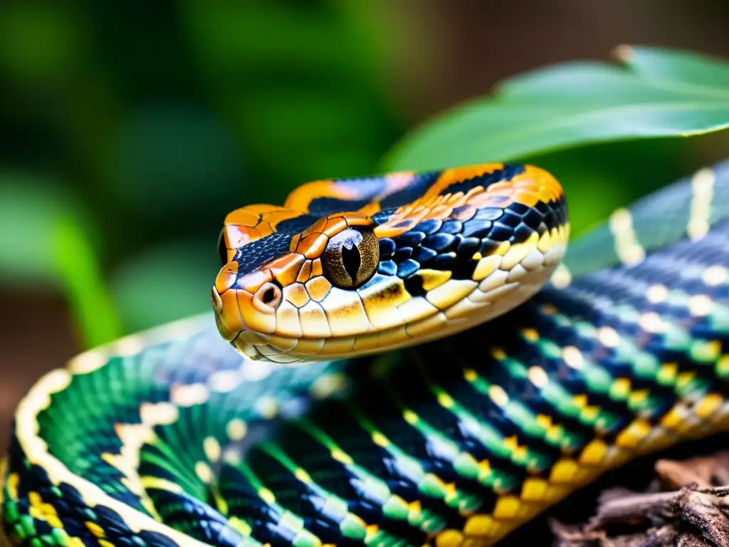 Un majestuoso reptil venenoso en su hábitat natural, mostrando su belleza y la conciencia del riesgo al encontrarse con estos reptiles