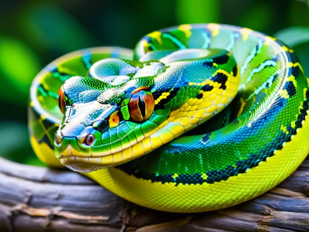 Un majestuoso retrato de una pitón verde enroscada en una rama, sus escamas brillan bajo la luz del sol en la exuberante selva