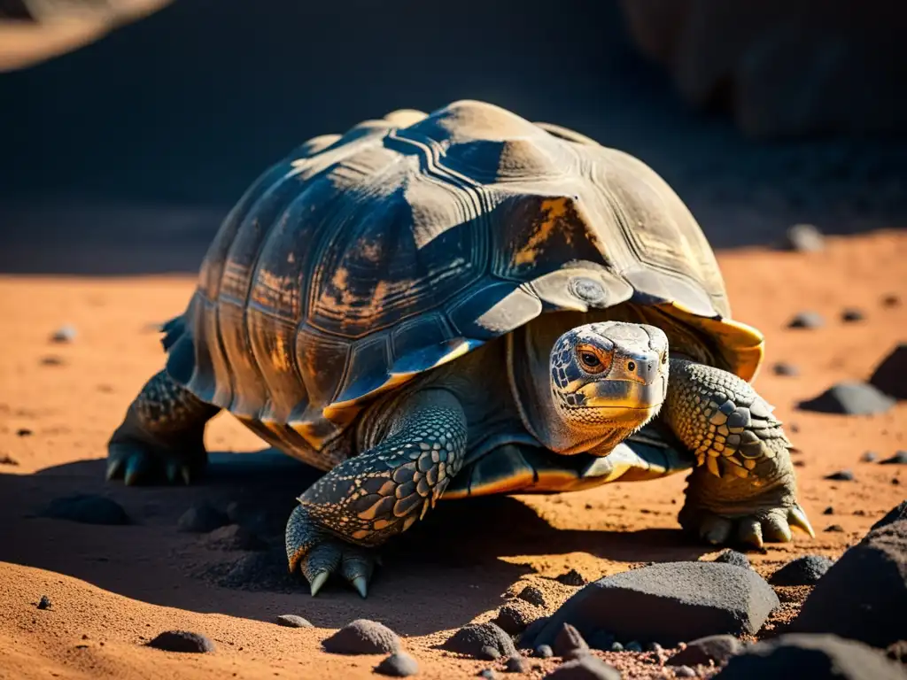 Un majestuoso y sabio tortuga de Galápagos avanza lentamente en un paisaje volcánico, desafiando los retos para reptiles en islas