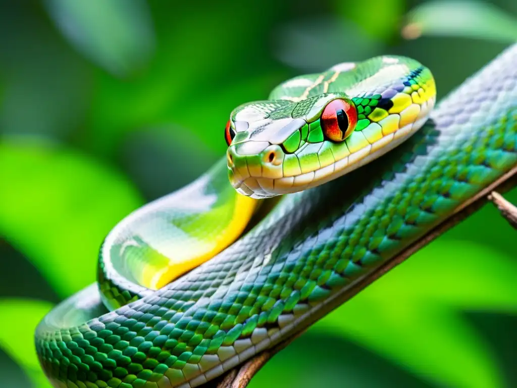 Un majestuoso serpiente verde serpentea entre exuberante selva tropical, sus escamas relucen al sol, mientras vuelve a su hábitat natural