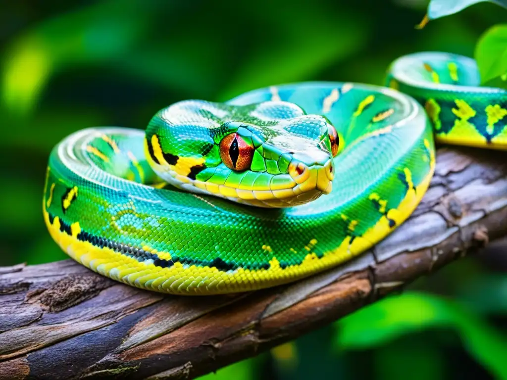 Un majestuoso pitón verde enredado en una rama en la exuberante selva