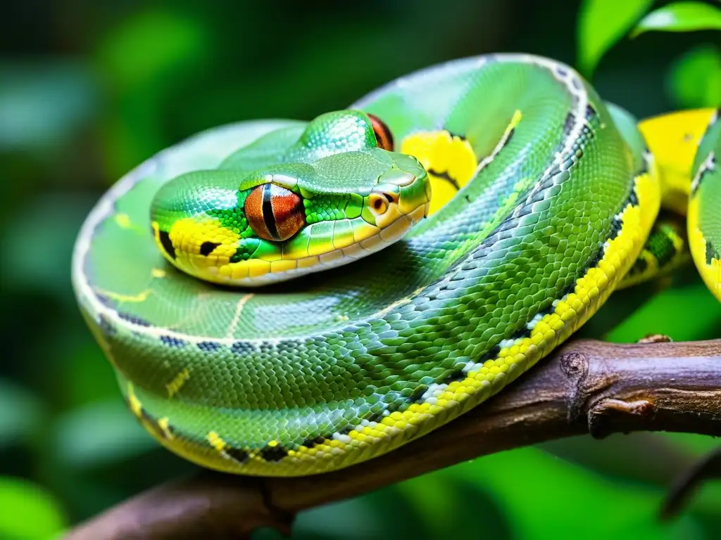 Espectacular serpiente pitón verde en su hábitat natural Un majestuoso pitón verde enroscado en una rama, en su hábitat natural de la selva, muestra sus escamas vibrantes y pupilas elípticas