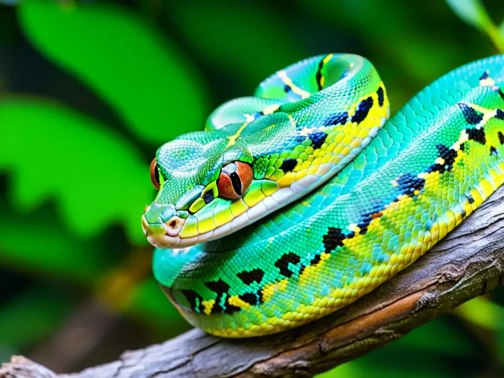 Un majestuoso pitón verde enroscado alrededor de una rama en la exuberante selva