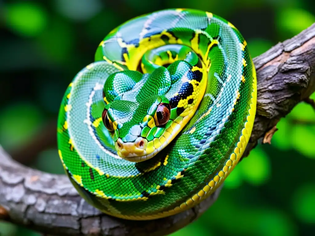 Un majestuoso pitón verde enroscado en una rama, con escamas detalladas y patrones hipnóticos