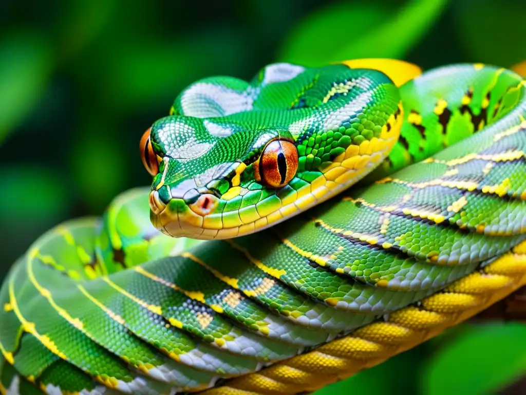 Un majestuoso pitón verde enroscado en una rama, con escamas relucientes bajo la luz solar