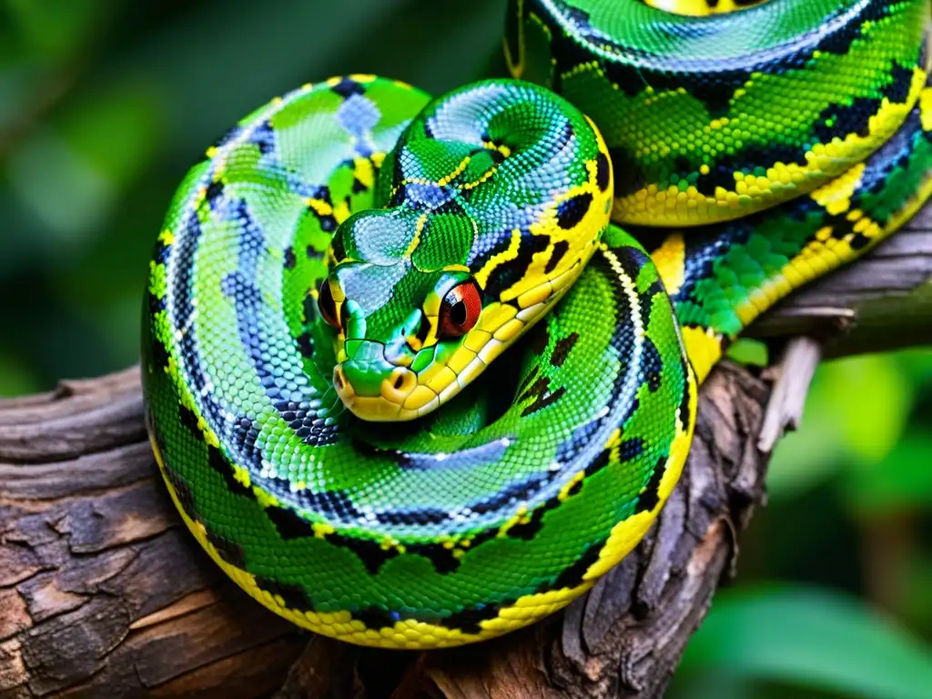 Un majestuoso pitón verde enroscado en una rama, con escamas vibrantes y colores intensos, bajo la luz del sol en la selva