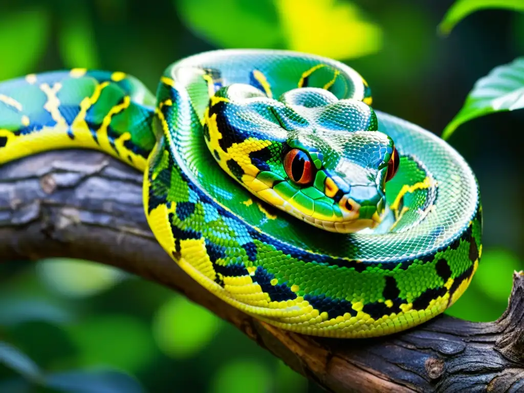 Un majestuoso pitón verde enroscado en una rama, con escamas detalladas y patrones hipnóticos