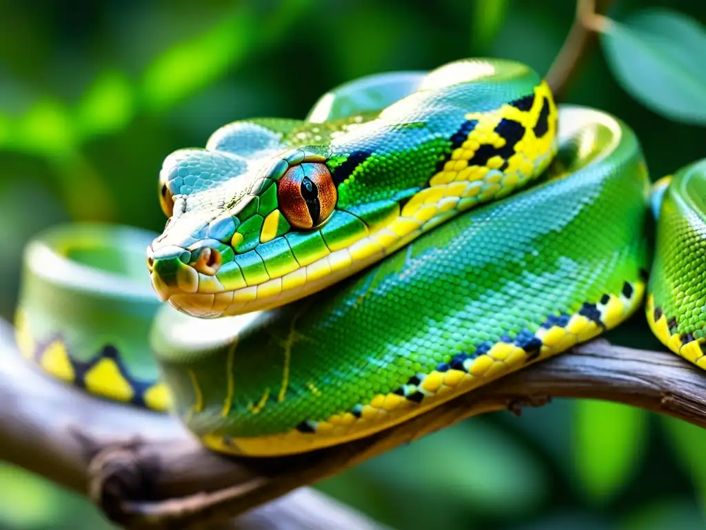 Un majestuoso pitón verde enroscado en una rama, con escamas detalladas y colores vibrantes