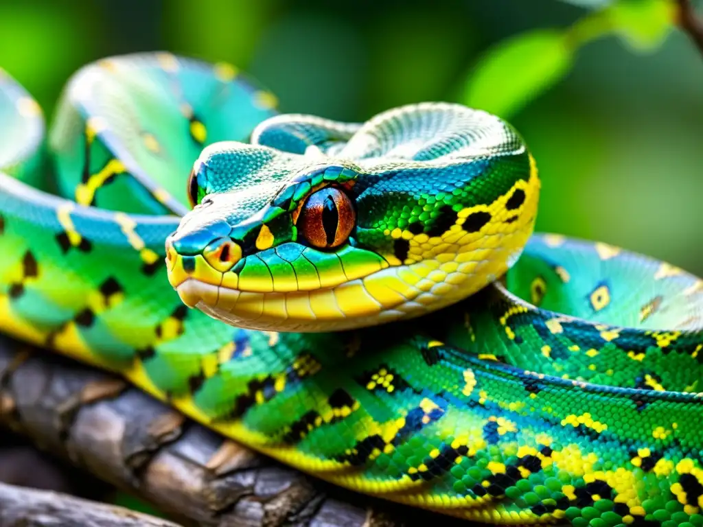 Un majestuoso pitón verde enroscado en una rama, mostrando sus escamas y ojos alerta, en un entorno selvático