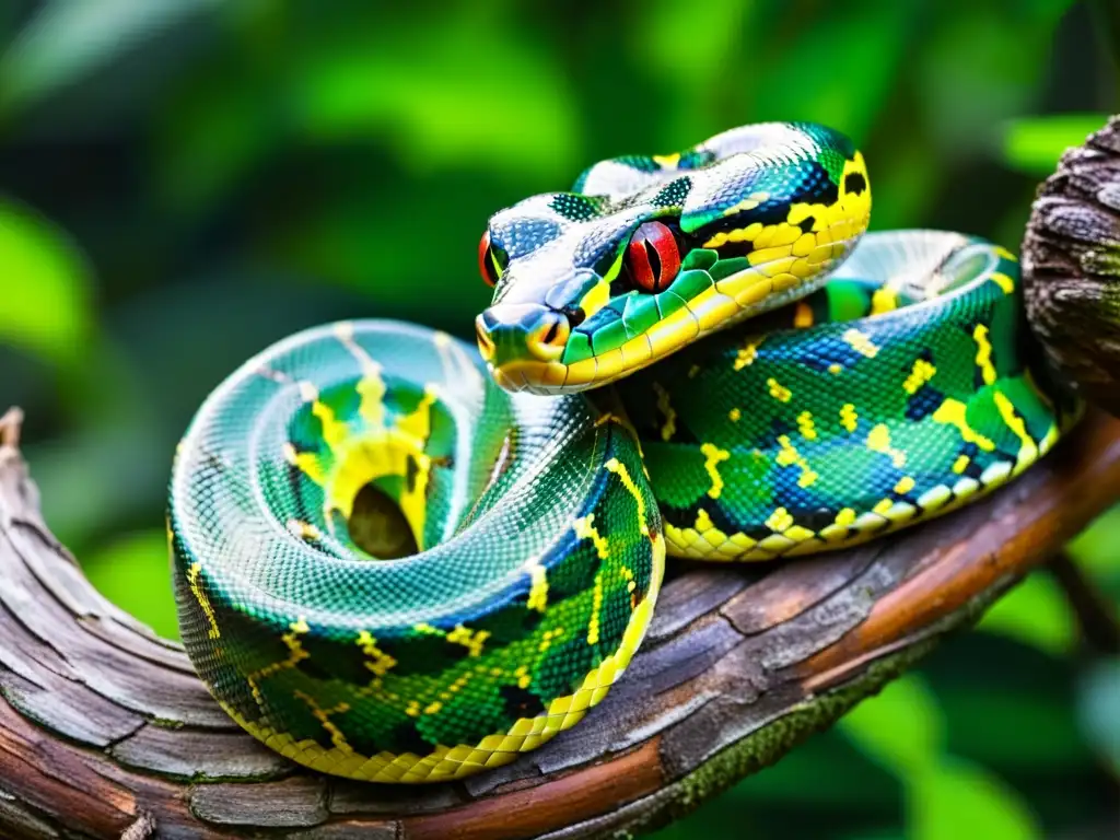 Un majestuoso pitón verde enroscado en una rama, con patrones y colores vibrantes que contrastan con la exuberante vegetación