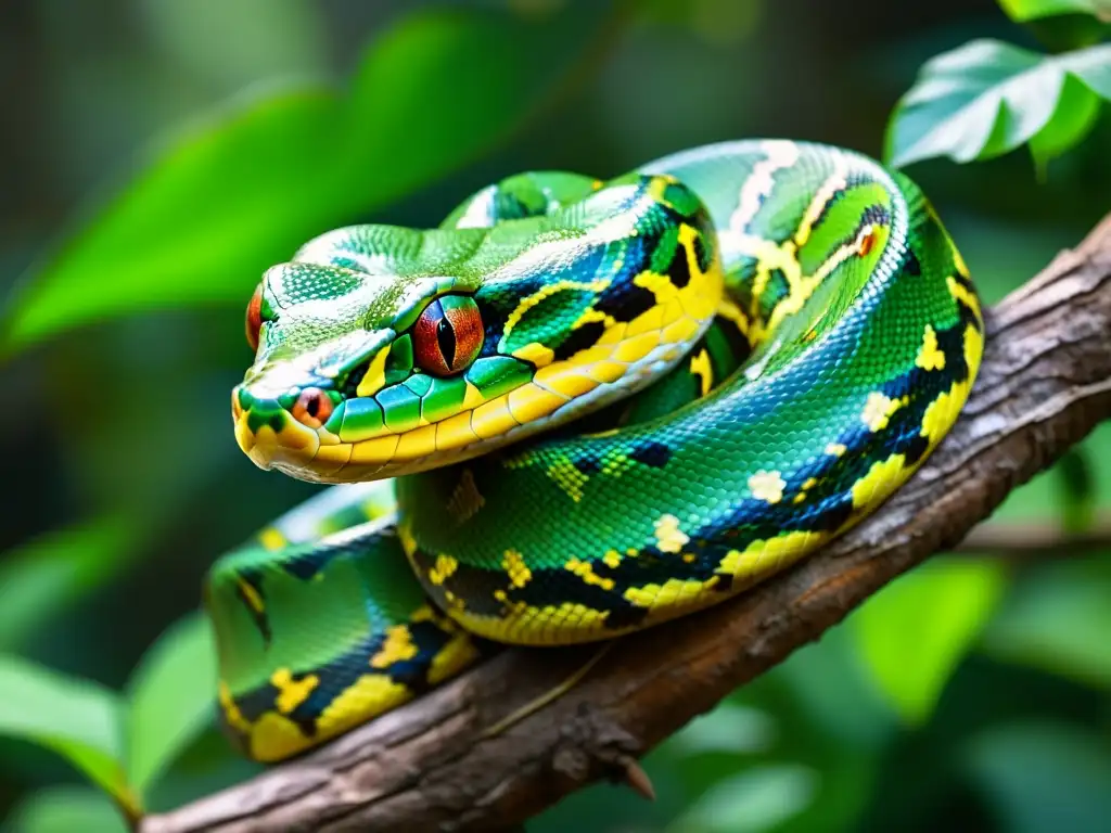 Un majestuoso pitón verde enroscado en una rama, mostrando sus escamas vibrantes y mirada intensa entre la luz y sombra del bosque