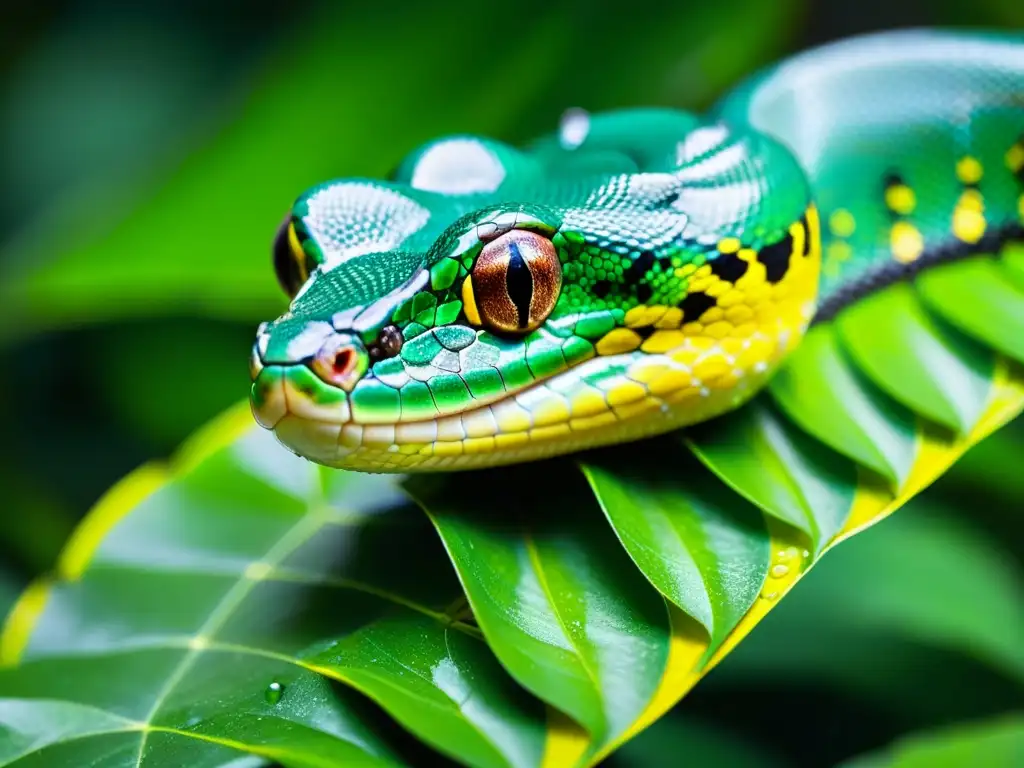 Un majestuoso pitón verde bebiendo gotas de agua de una hoja en la selva exuberante, resaltando estrategias de hidratación en reptiles