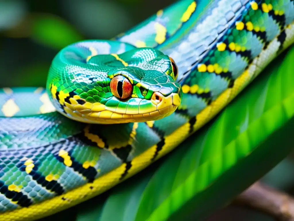 Un majestuoso pitón verde en su hábitat natural, reflejando el impacto de la caza furtiva de reptiles en su belleza y complejidad