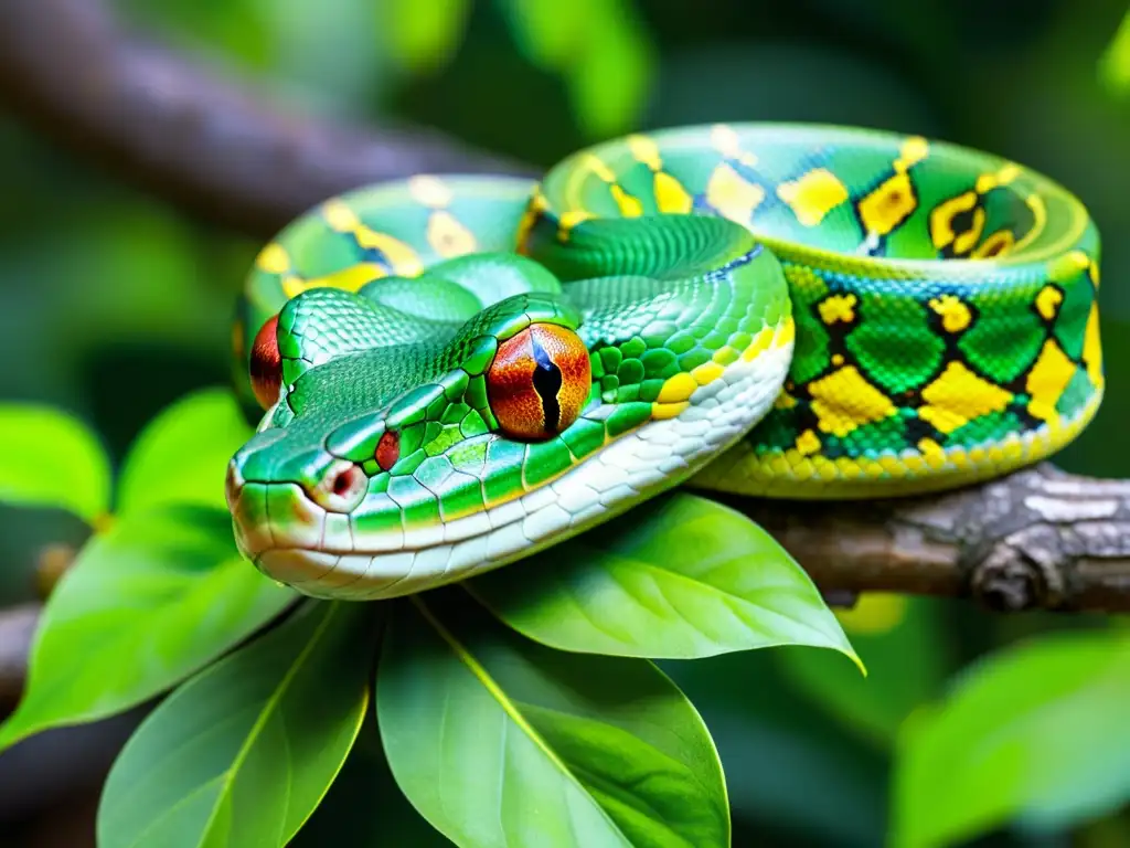 Un majestuoso pitón verde se enrosca alrededor de una rama, camuflado entre las hojas