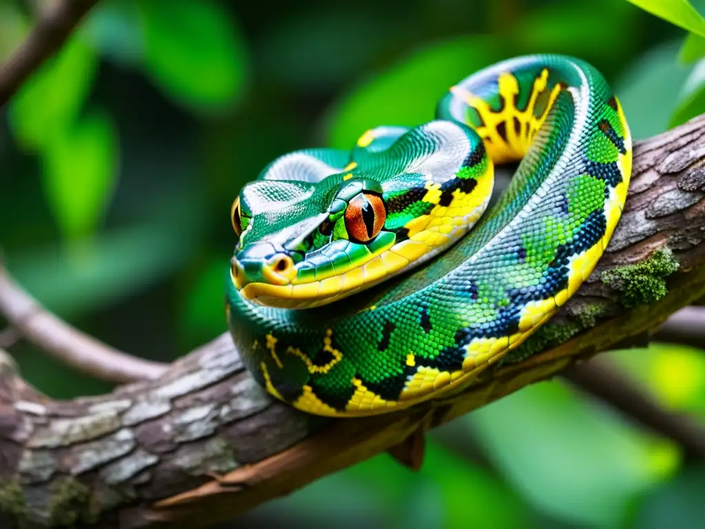 Un majestuoso pitón verde descansa en una rama, mostrando sus escamas y ojos amarillos