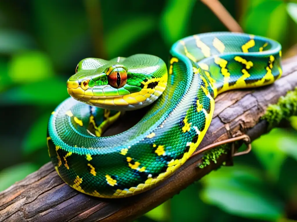 Un majestuoso pitón verde reposa en una rama en la exuberante selva tropical