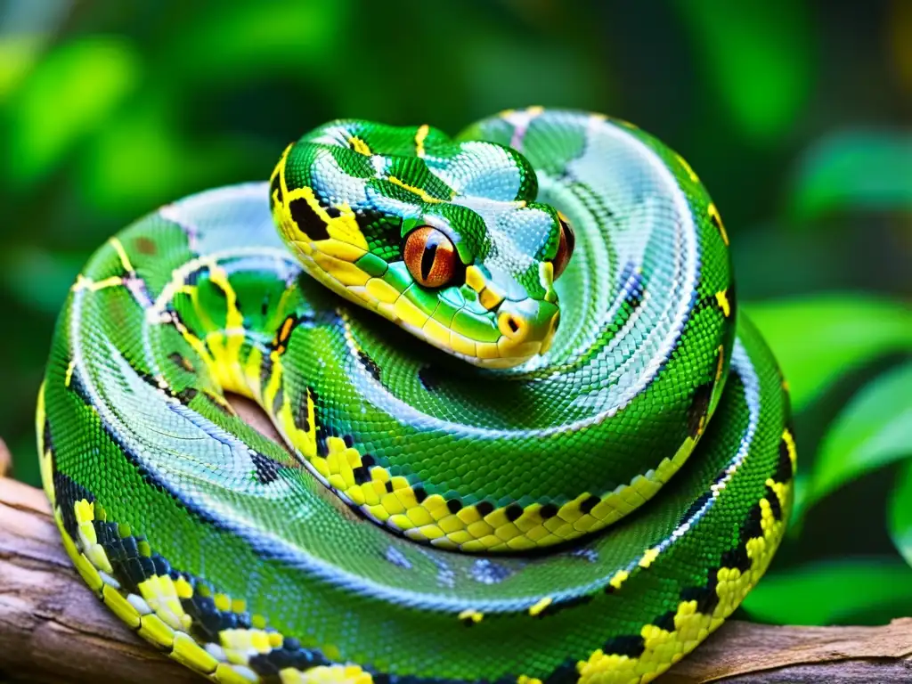 Un majestuoso pitón verde se enrosca en una rama en la exuberante selva, destacando la importancia de reptiles en biodiversidad