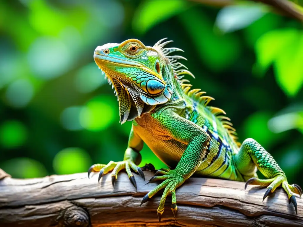 Un majestuoso iguana verde descansa en una rama en la exuberante selva tropical