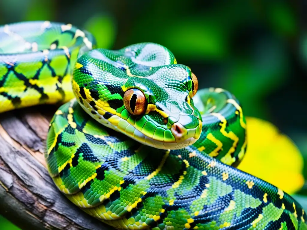 Un majestuoso pitón verde se enrosca alrededor de una rama en la exuberante selva tropical