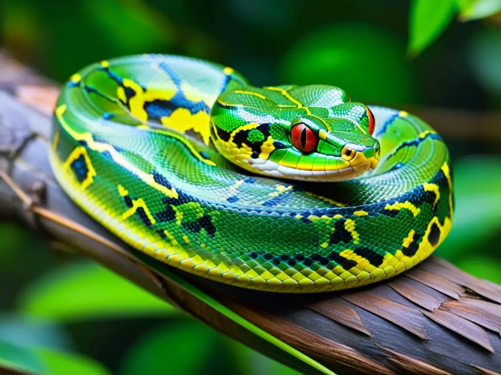 Un majestuoso pitón verde descansa en una rama en la selva tropical