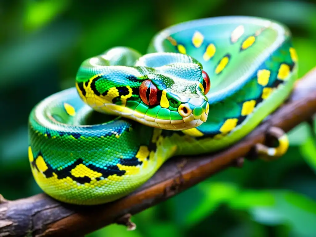 Un majestuoso pitón verde se enrosca alrededor de una rama en la selva lluviosa, destacando sus vibrantes escamas y patrones