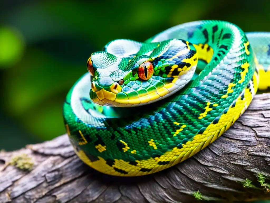 Un majestuoso viper verde reposa en la selva tropical, destacando la conservación de reptiles venenosos y ecosistemas