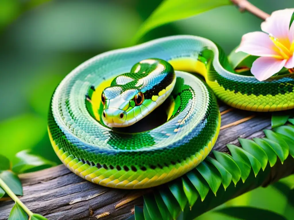 Un majestuoso y vibrante papel serpiente enroscado en una rama en un exuberante jardín tropical, evocando el misterio del Edén