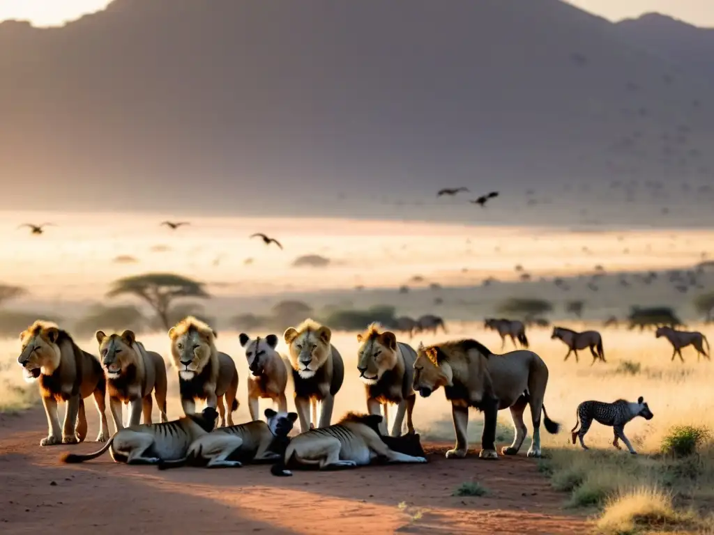 Una manada de leones y un grupo de hienas se alimentan juntos mientras buitres sobrevuelan en el atardecer de la sabana